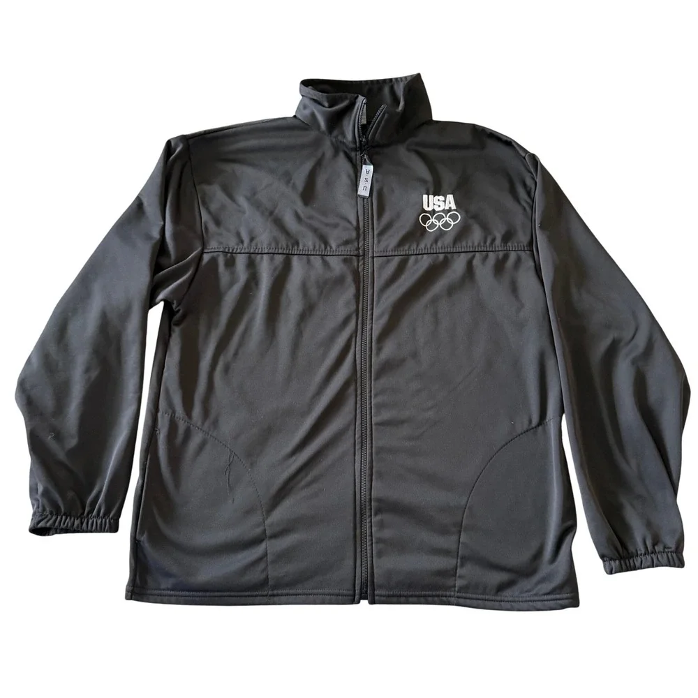 US Olympic Committee Track Jacket Mens XL Black USA Rings‎ Logo Fleece Zip Up